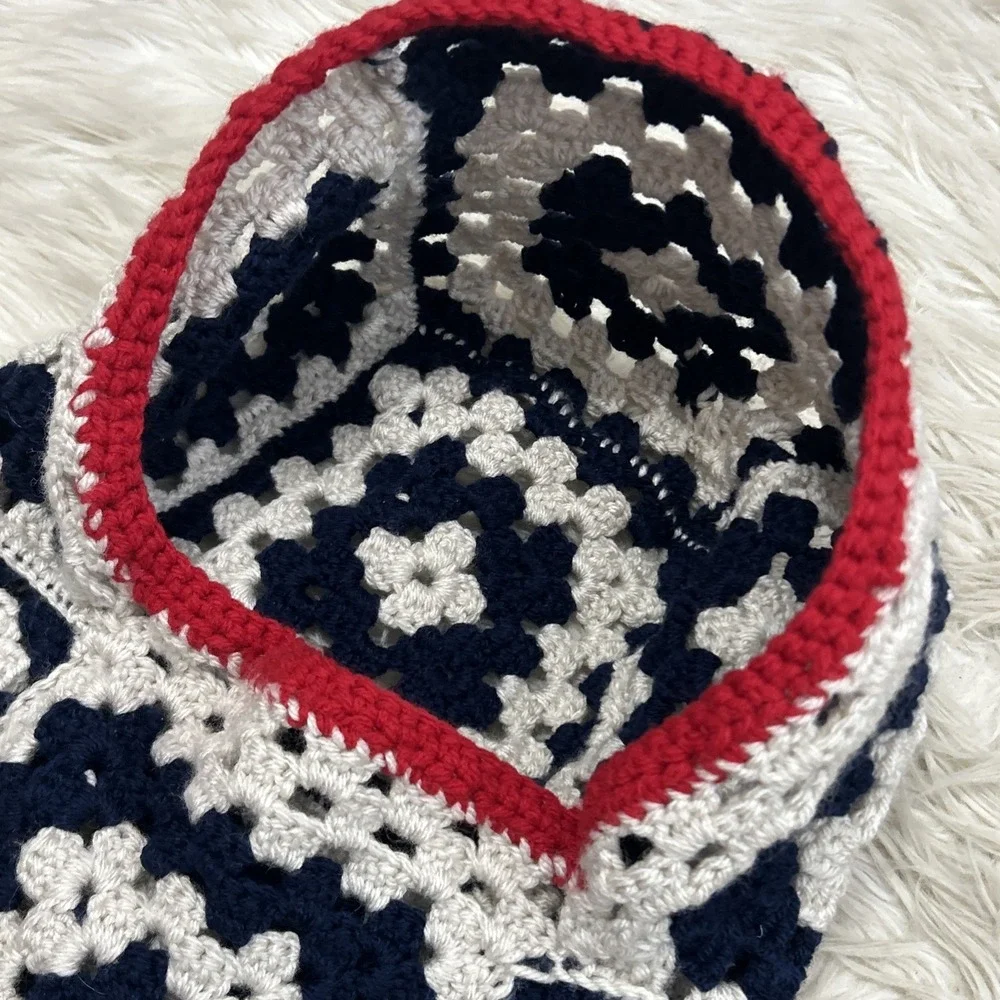 Crochet Balaclava Hood Handmade Granny Square Red White Blue USA Winter One Size