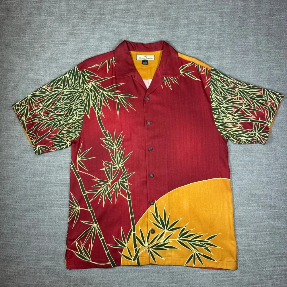 Tommy Bahama 100% Silk Bamboo Print Camp Shirt Small Short Sleeve Aloha Hawaiian