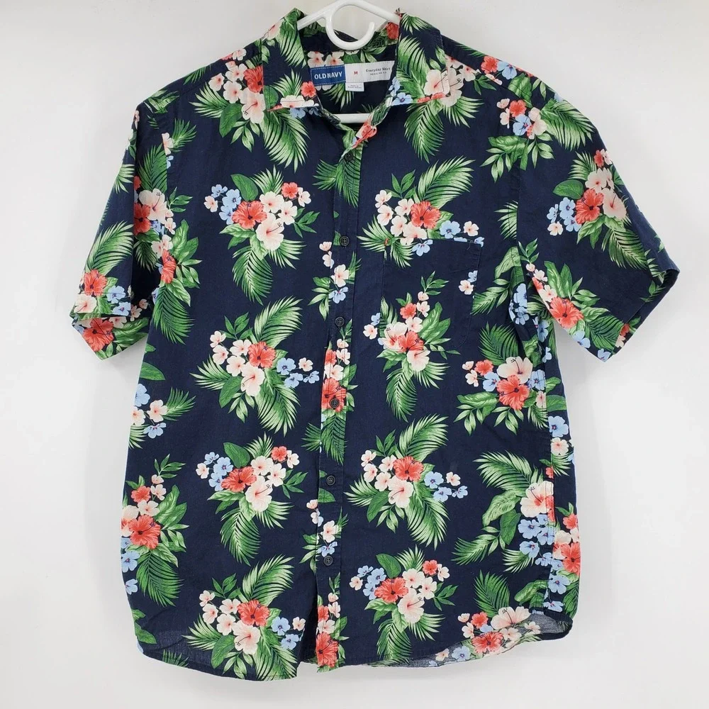 Old‎ Navy Mens Everyday Shirt Medium Navy Blue Tropical Floral Palm Button Down