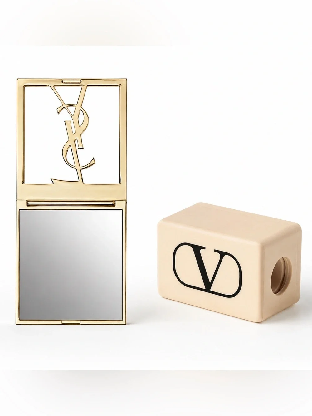 YSL Gold Compact Mirror & Valentino Pencil Sharpener Beauty Accessory Set