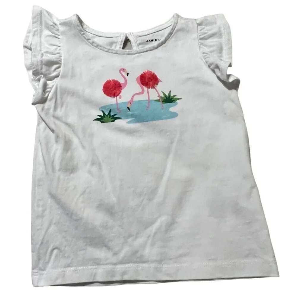 Janie and Jack FLAMINGO RUFFLE SLEEVE TEE Shirt Girl's Size 3 Like New condition