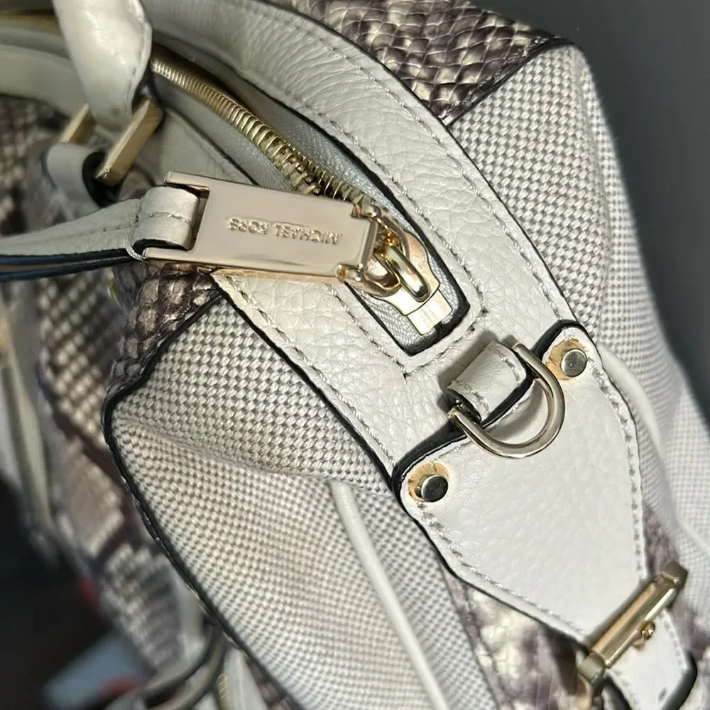 Cream ivory snakeskin style mk Michael Kors tote gold trim purse women bag MK