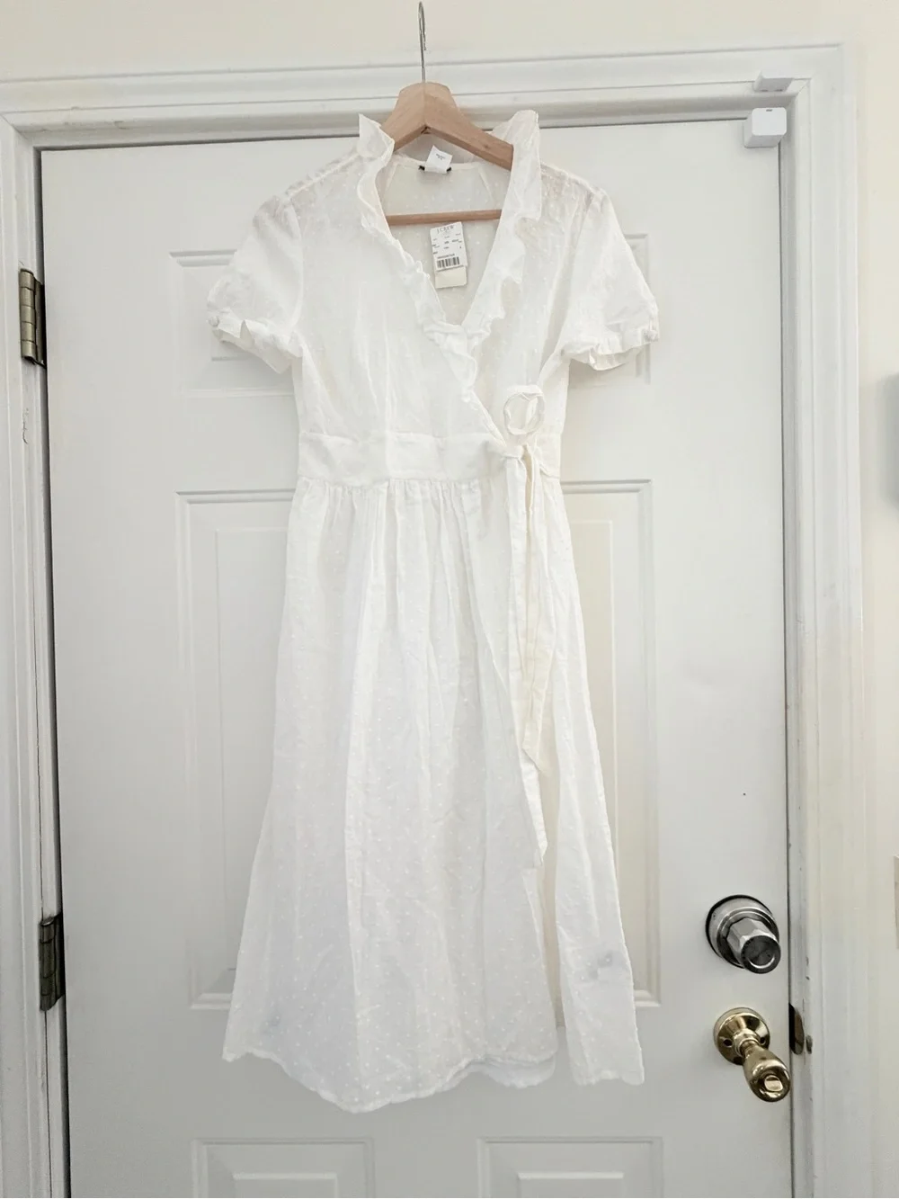 J. Crew 100% Cotton White Swiss Dot Lined Wrap Midi Dress. NWT. Sz 8