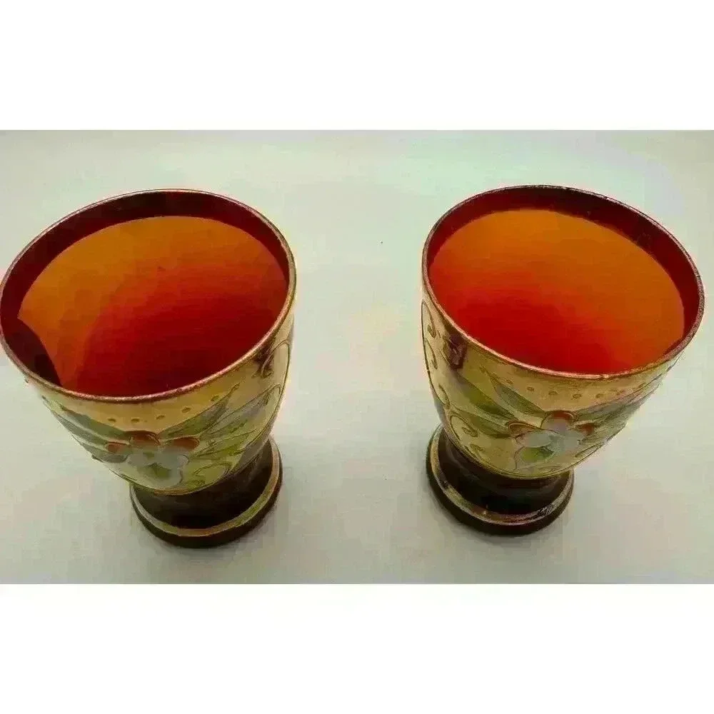 MCM Vintage Cranberry Shot Glasses set of Two Hand Painted Gold Band Beautiful