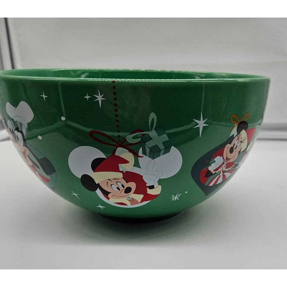 Disney Christmas Serving Bowl‎ Green Mickey Minnie Goofy Donald Holiday Ceramic