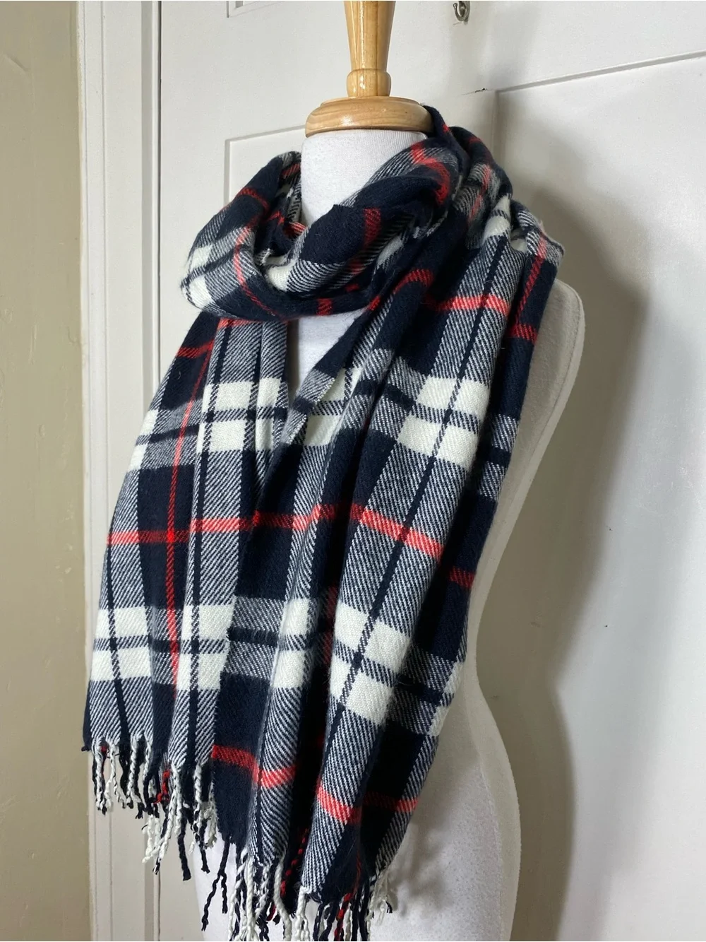 J. Crew Classic Navy & White & Red Plaid Knit Fall Winter Scarf with Fringe