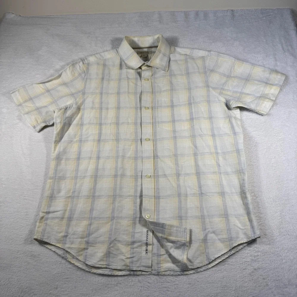 Banana Republic Button Down‎ Shirt Mens L White Yellow Plaid Linen Cotton Blend