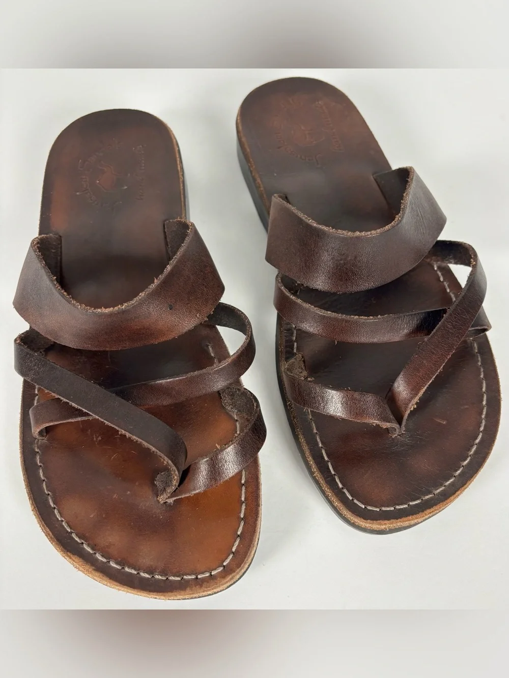 Jerusalem Sandals Dark Brown Leather Strappy Slip On Sandals