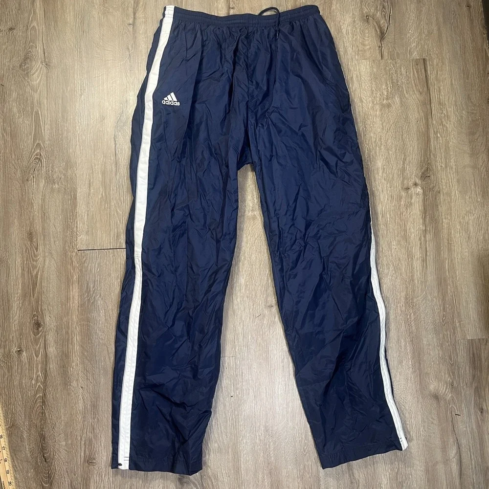 VTG Adidas Track Pants Blue Navy Men's XL Three Stripes Tricot Y2K Ankle Zip