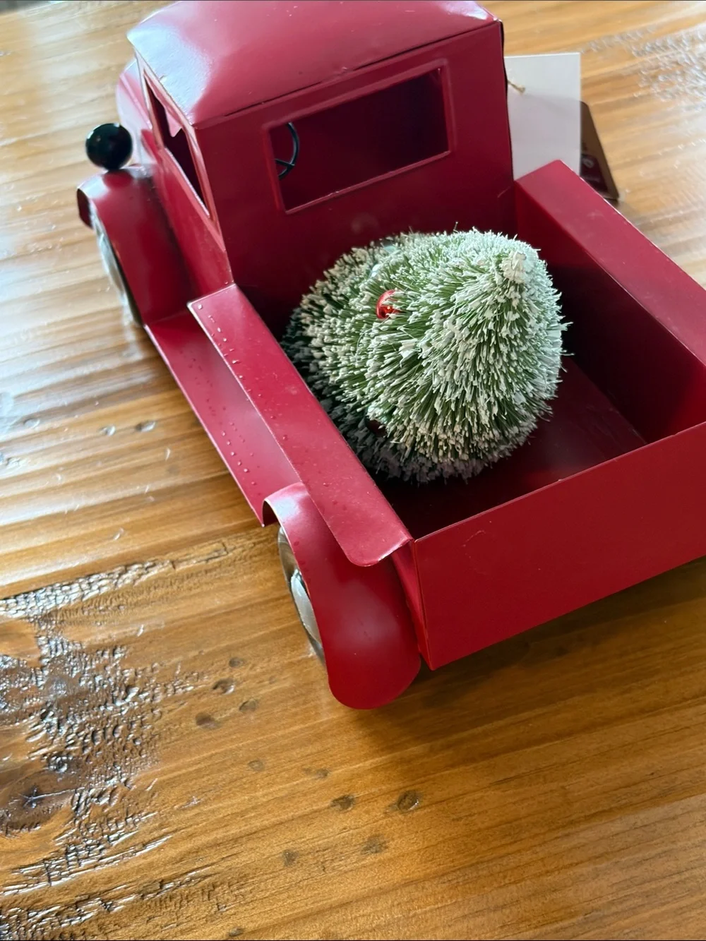Red Holiday Metal Truck Decor with Wreath - Rustic Home Holiday Accent