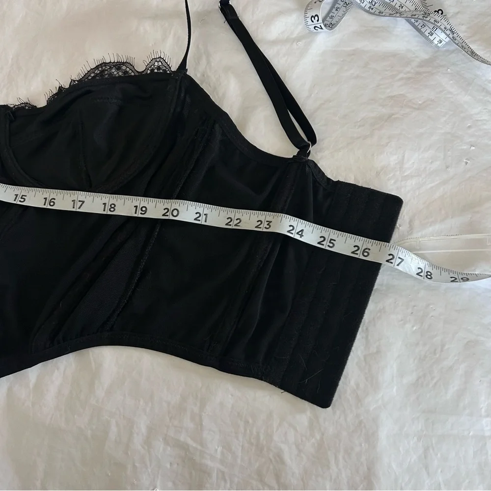 Ryan Destiny Whimsigoth Corset Top Black Size L Eyelash Lace Trim Mesh