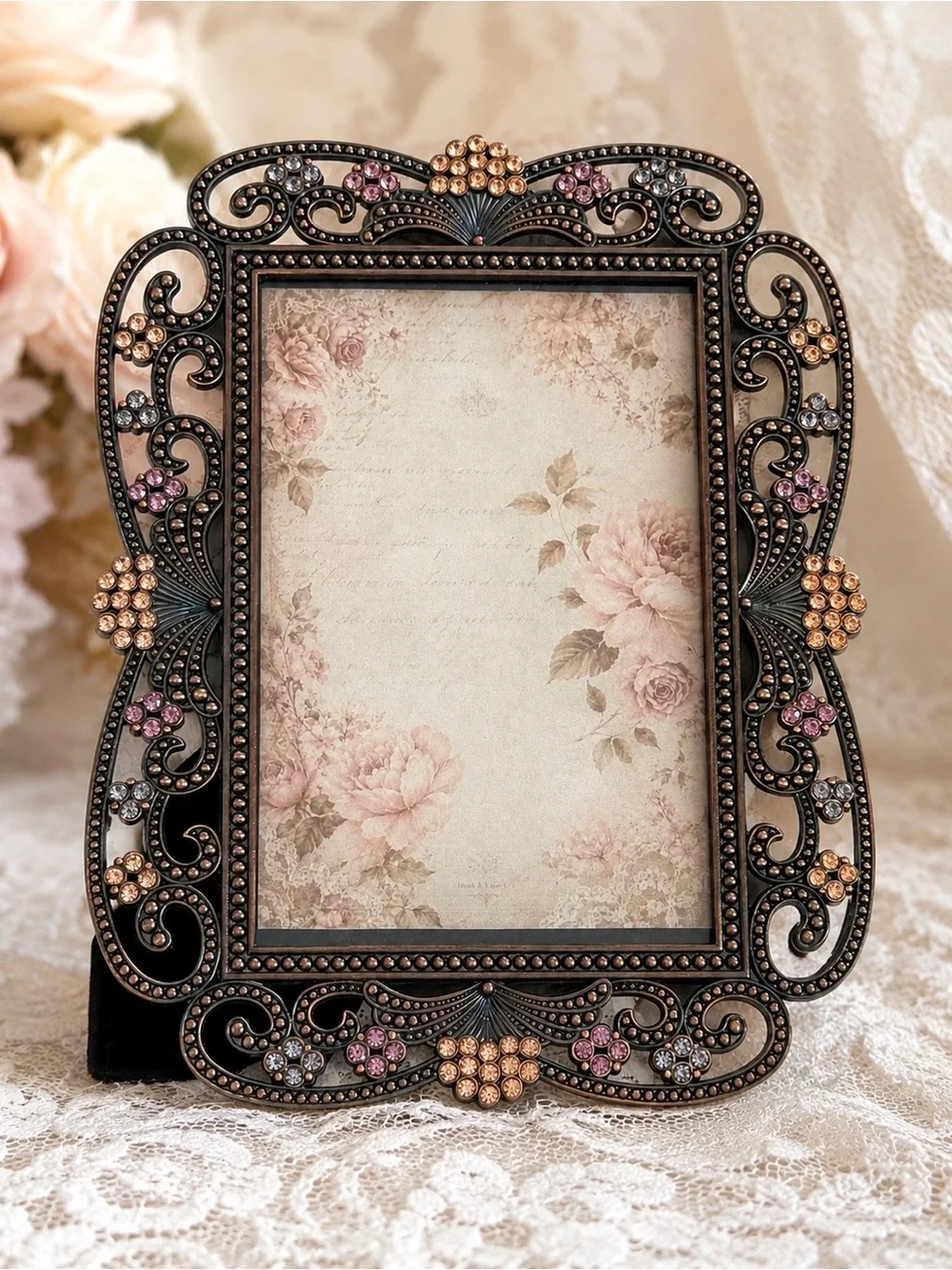 Romantic Jeweled Picture Frame Ornate Metal Scroll Rhinestone Photo Frame