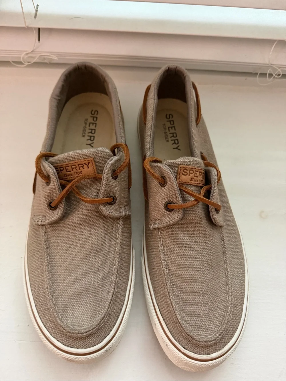Sperry Top Sider Men’s Beige Canvas Boat Shoes with Brown Laces