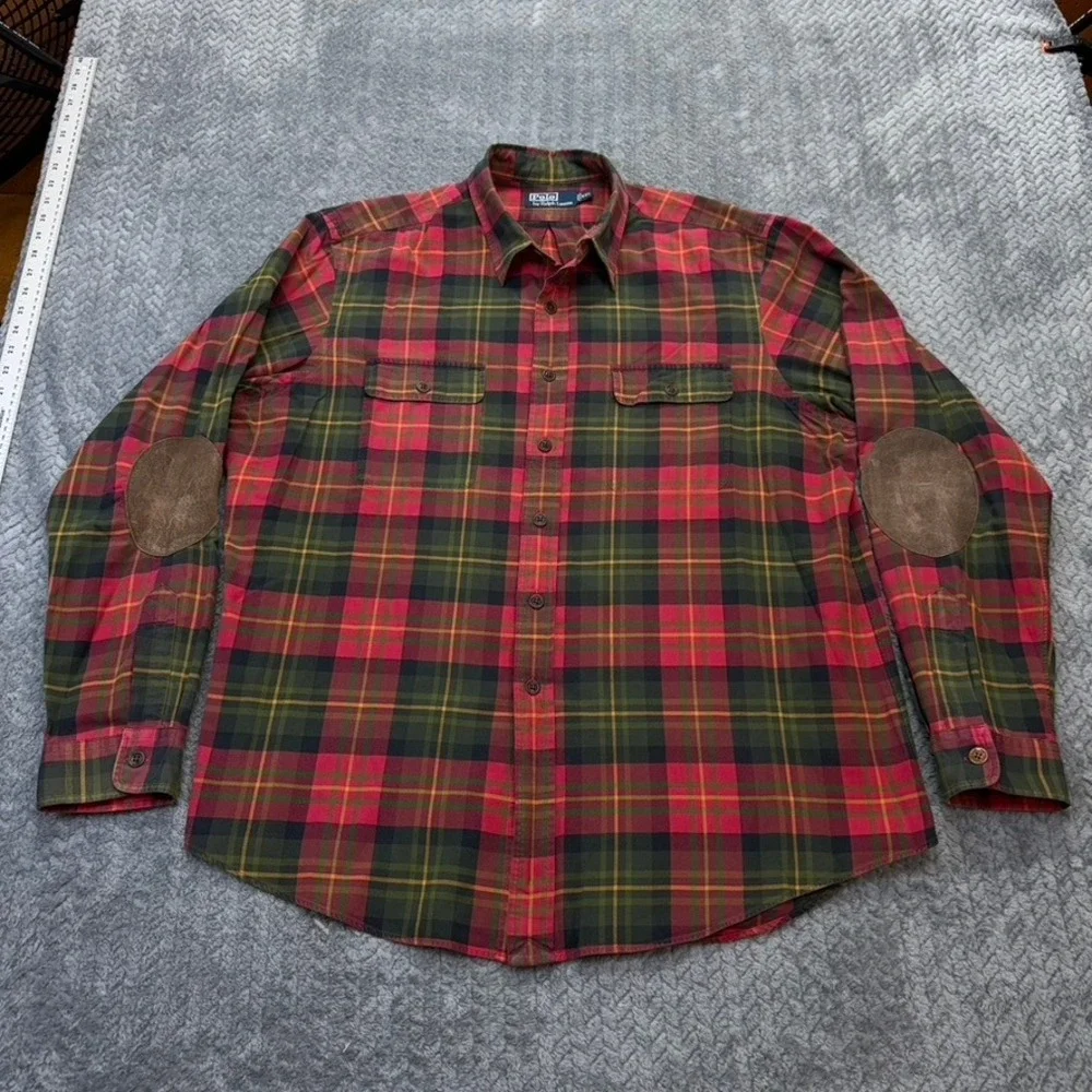 Vintage Polo Ralph Lauren Shirt Men XXL Red Green Plaid Elbow Patch Button Up 90