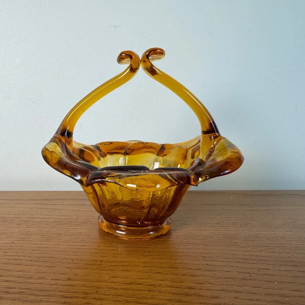 Amber Glass Basket Decorative Candy Dish Collectible Vintage‎ Handled Vase