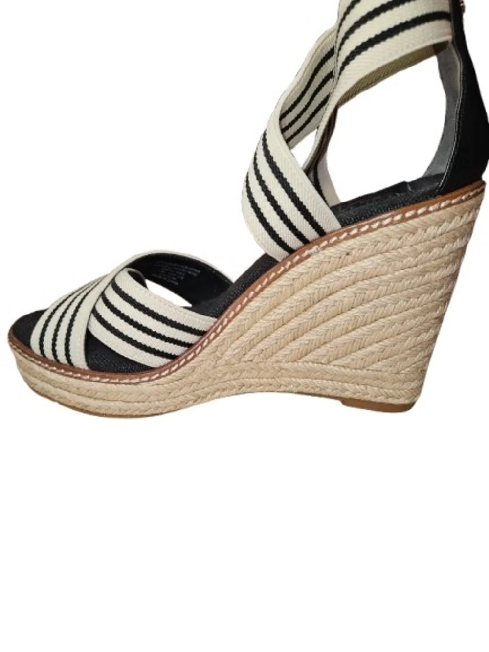 Tory Burch Frieda Espadrille Wedge Sandals Black White Striped Women's Size 7.5
