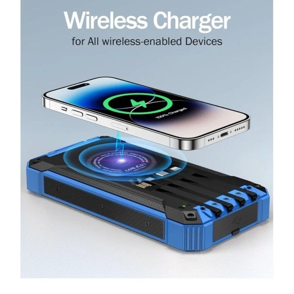 Blue Solar Power Bank 36000mAh Built-in 4 Cables Qi Wireless Charger Sealed Box
