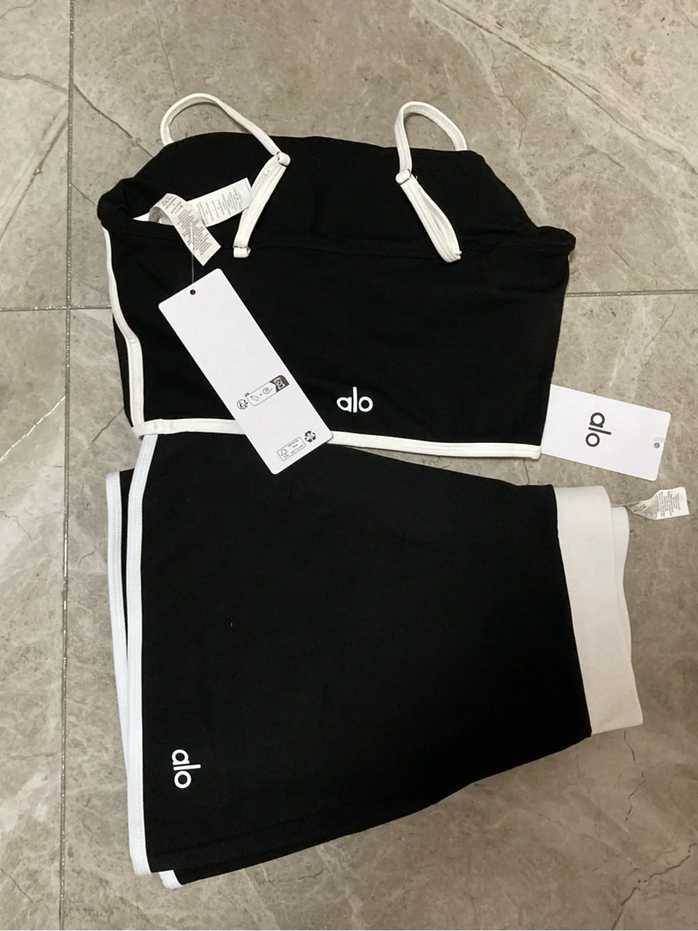ALO Yoga Black Crop Top and Skirt Set with White Trim