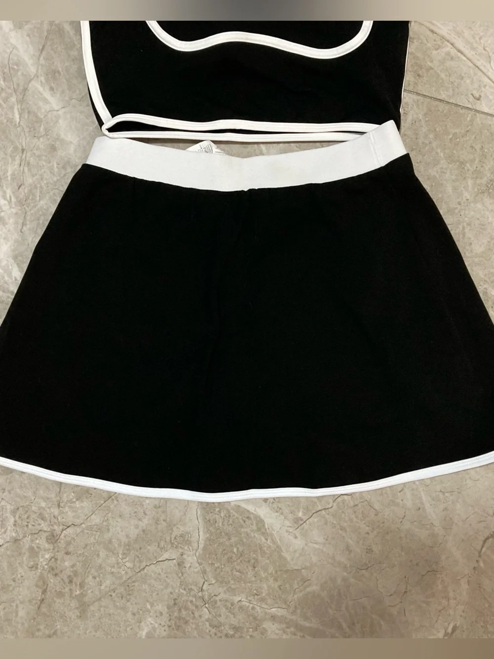 ALO Yoga Black Crop Top and Skirt Set with White Trim