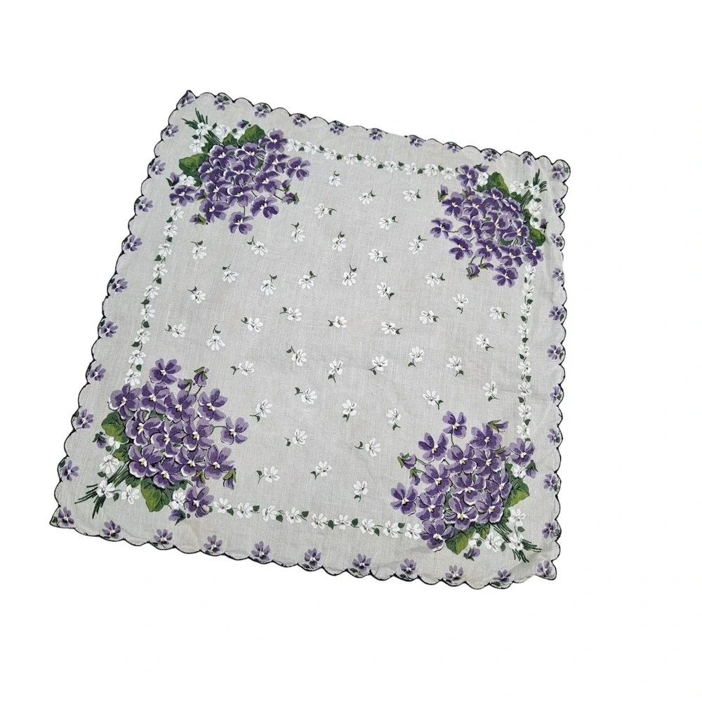 Vintage‎ Floral Handkerchief Purple Violets White Flowers Scalloped Edge Sheer