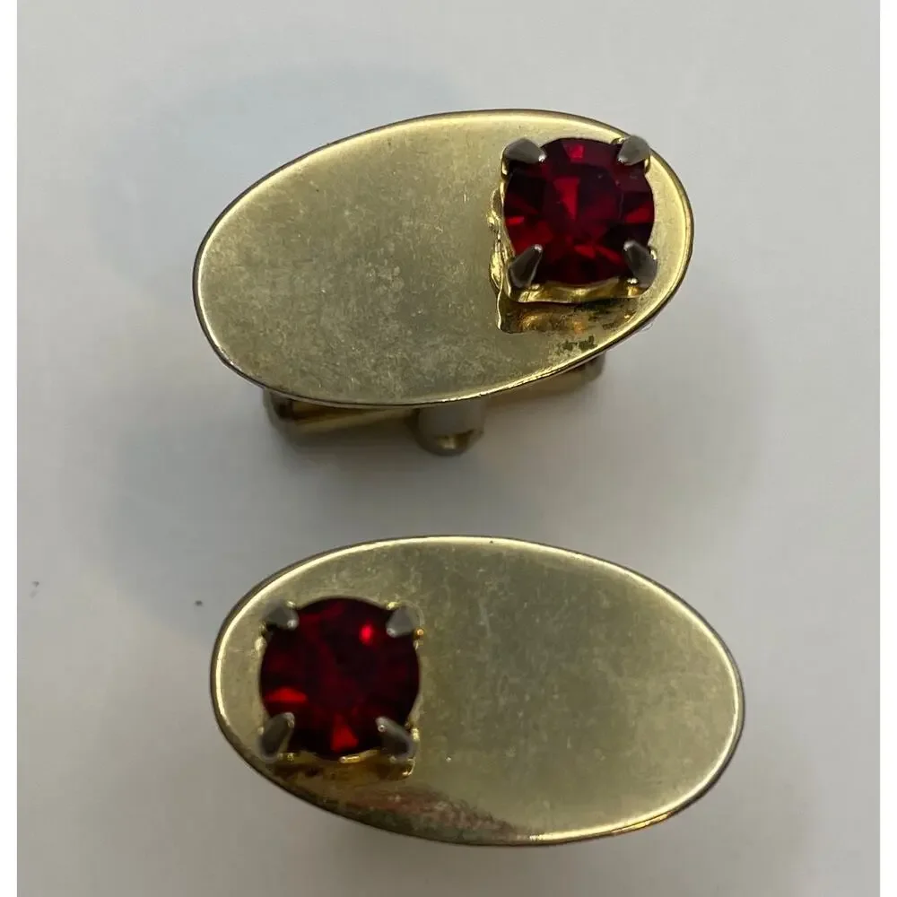 Vintage Red Rhinestone Gold Oval Cufflinks 1950s-60s Mid-Century
