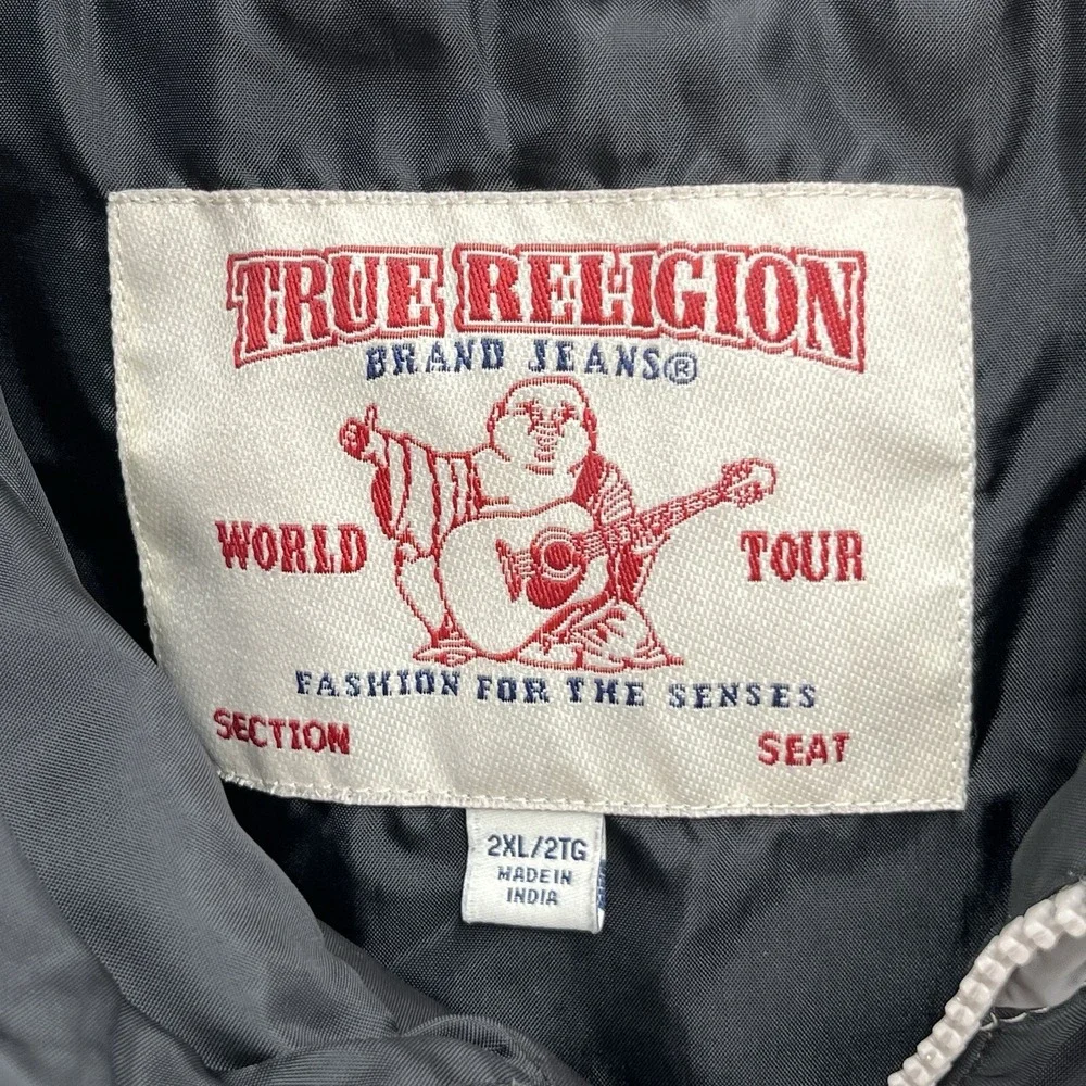 True Religion Jacket Men 2XL Gray Black Spellout Logo Full Zip Outdoor Windbreak