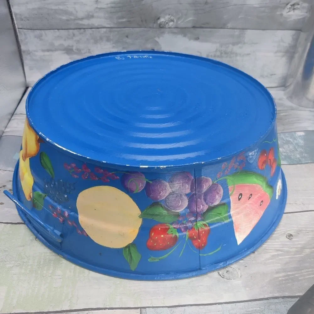 VINTAGE HAND Painted Galvanized Metal Tub Colorful Fruits on Blue