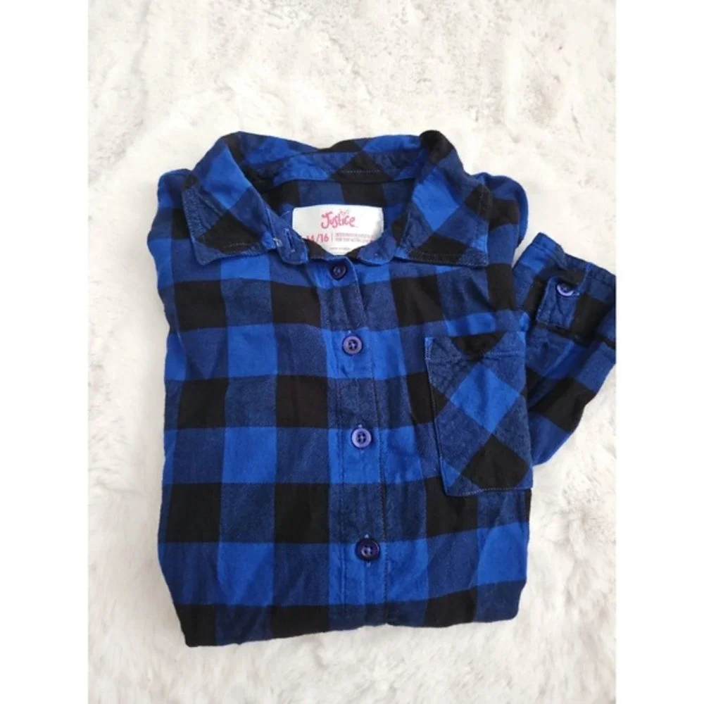 Justice‎ Girls Blue & Black Buffalo Plaid Flannel Button Down Shirt Size 14/16