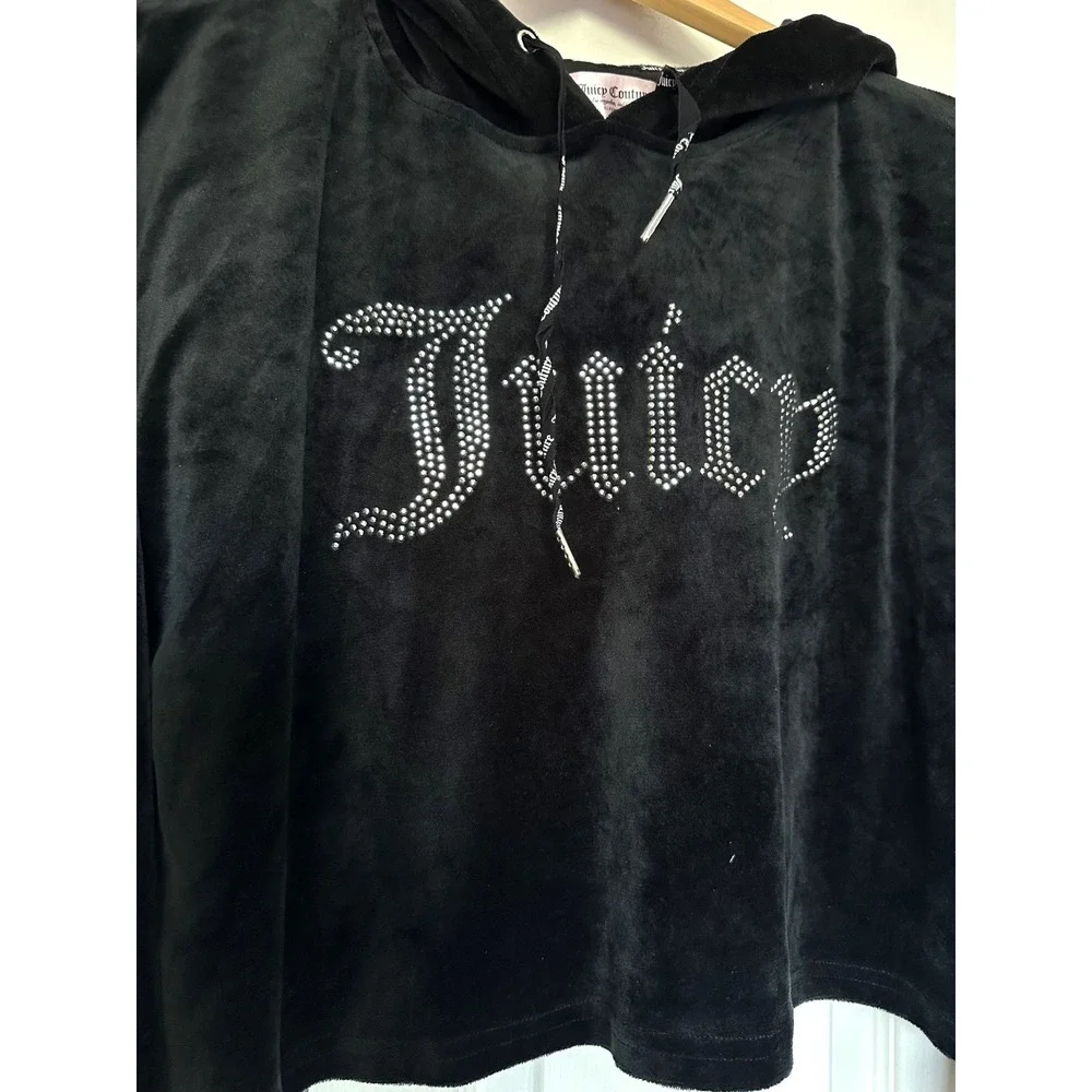 L Women's Juicy Couture Sleepwear Loungewear Black Velour Cropped Hoodie Diamond