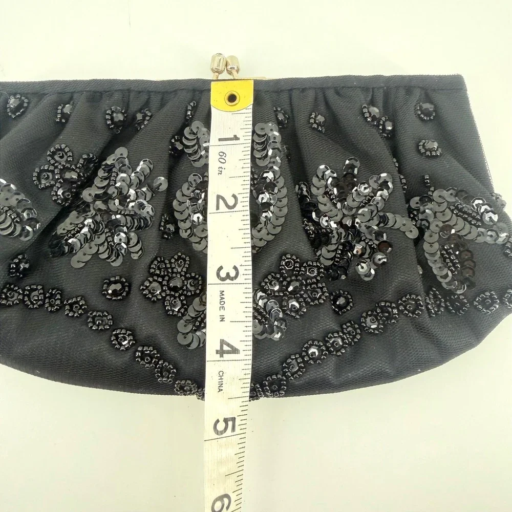 Franchi Women Black Beaded Sequin Floral Evening Clutch Bag Kiss Lock Rhinestone