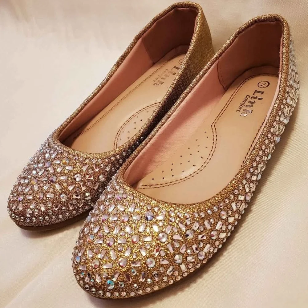 Girl's 2 Link Comfort Gold w/ Rhinestones Ballet Flat