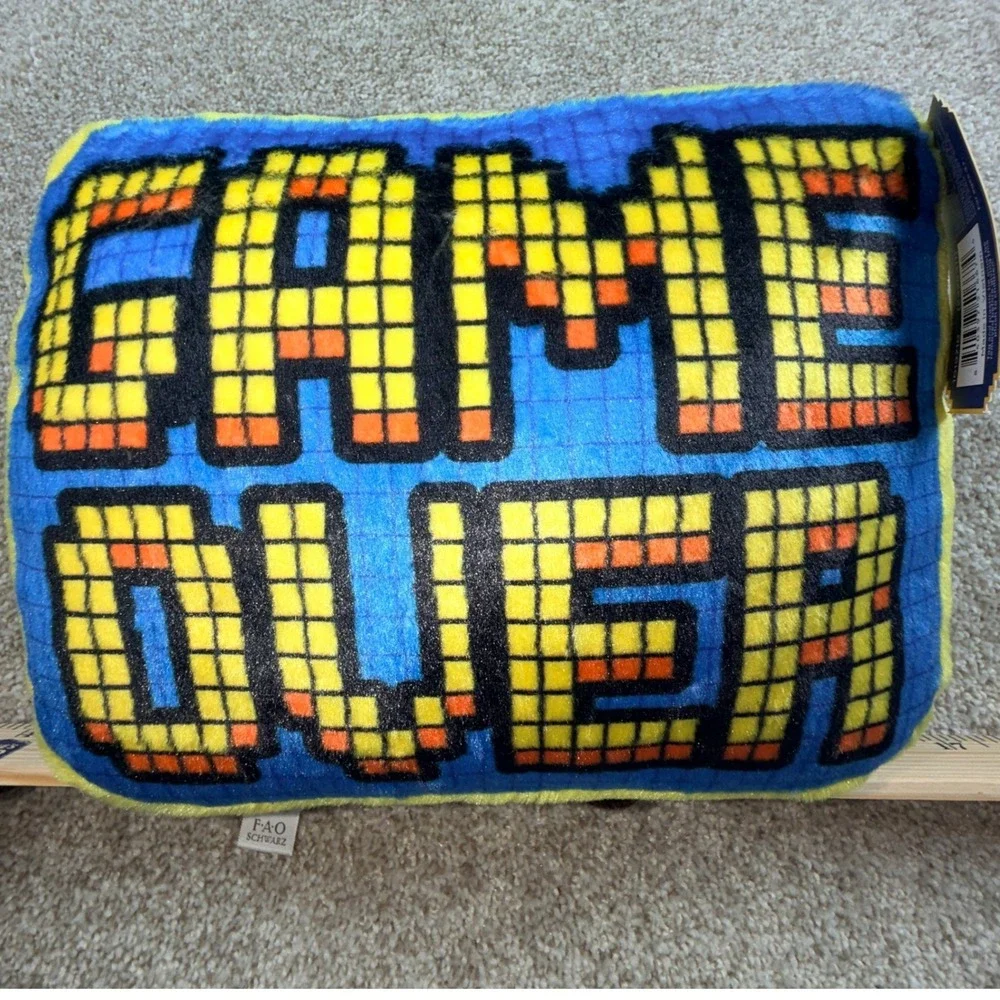 FAO Schwarz Pixel Game Over‎ Plush Pillow Retro 8-Bit Gaming Decor Blue Yellow