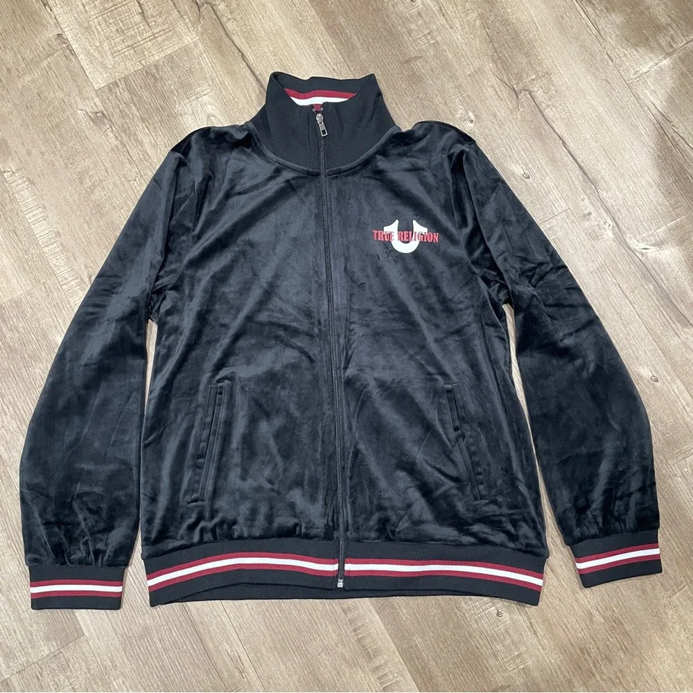 NEW True Religion‎ Mens Velour World Tour Track Jacket Jet Black Size L NWT
