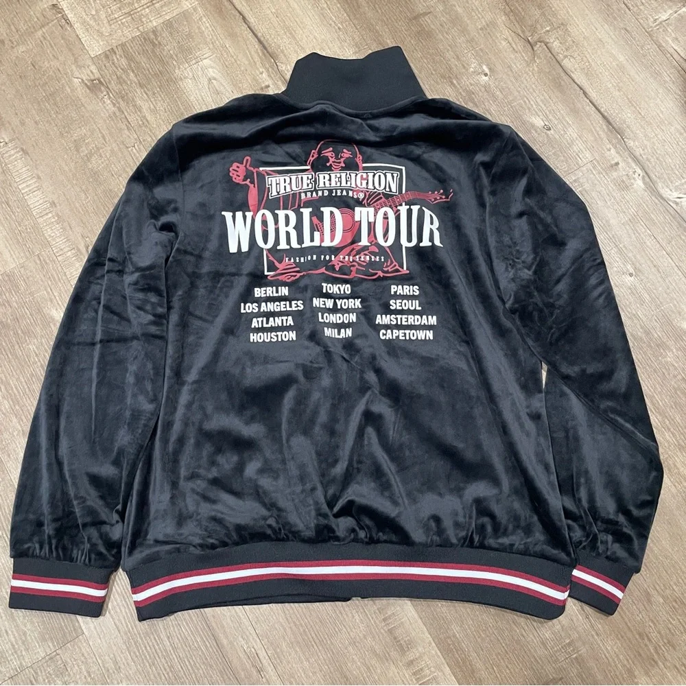 NEW True Religion‎ Mens Velour World Tour Track Jacket Jet Black Size L NWT