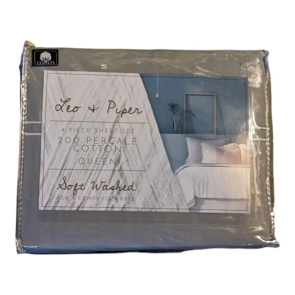 NEW Leo & Piper 4 piece sheet set 200 Percale Cotton Size Queen - Light Grey