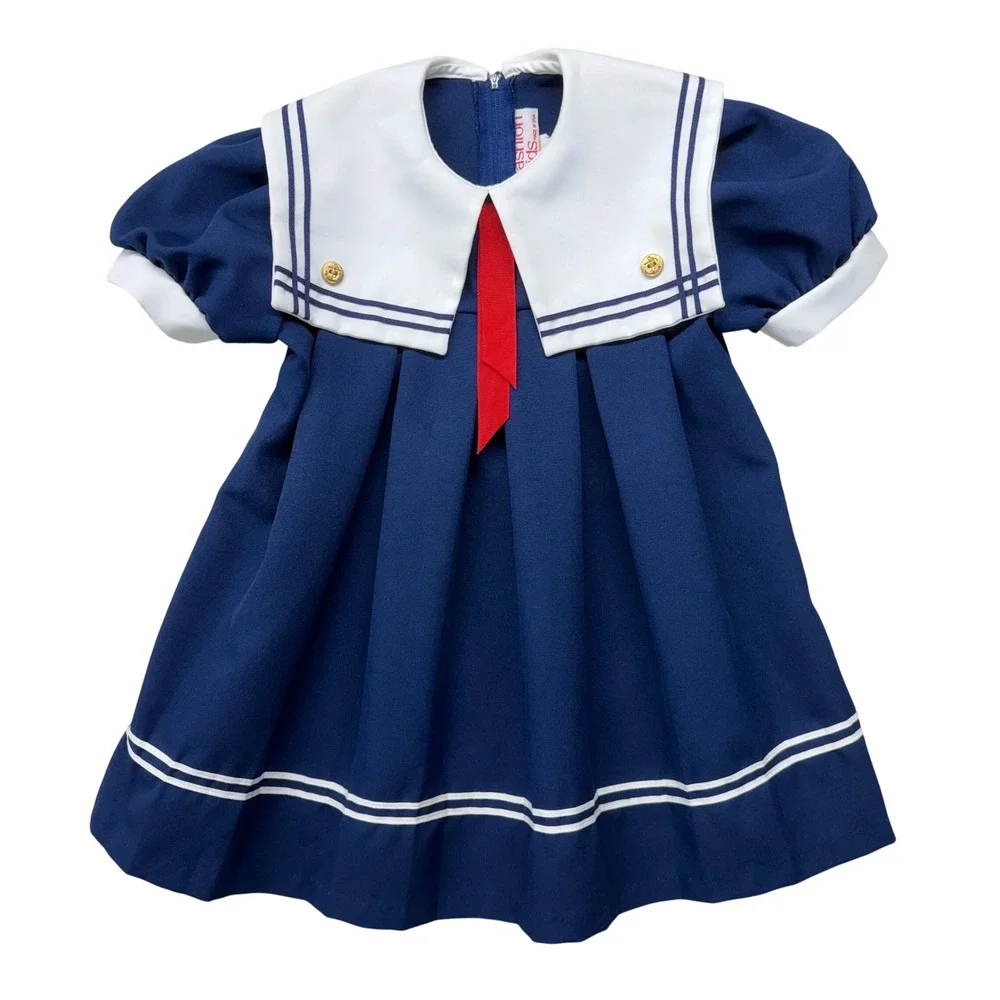 Vintage Kids Navy Blue Sailor Dress White Collar Nautical Pleated 4T Dress Up