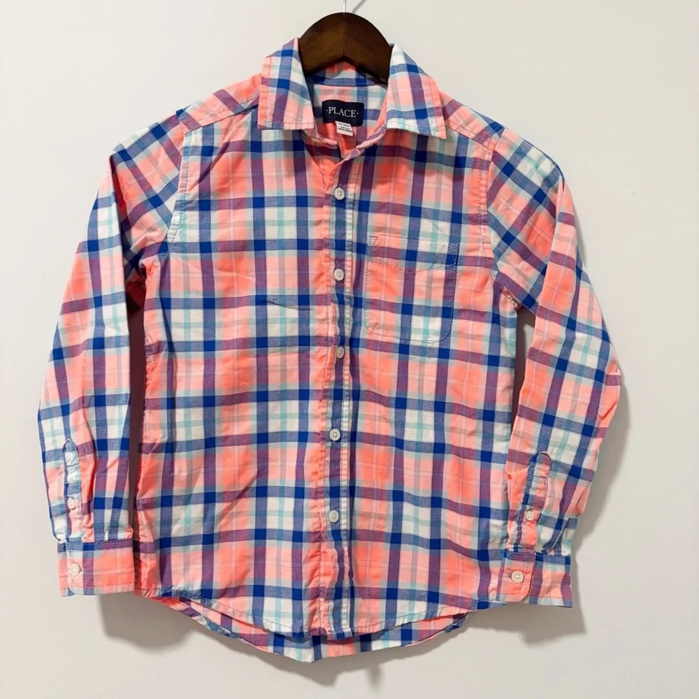 The Children's Place Kids‎ Orange and Blue Plaid Button-Down Shirt Boys Size 7/8