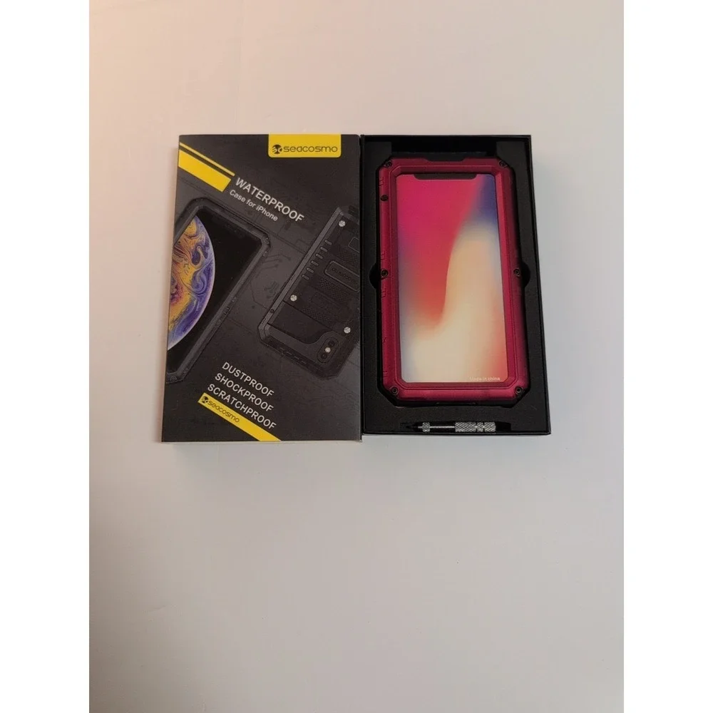 Seacosmo iPhone X / XS Red Metal Frame Case w/ Built-in‎ Screen Protector