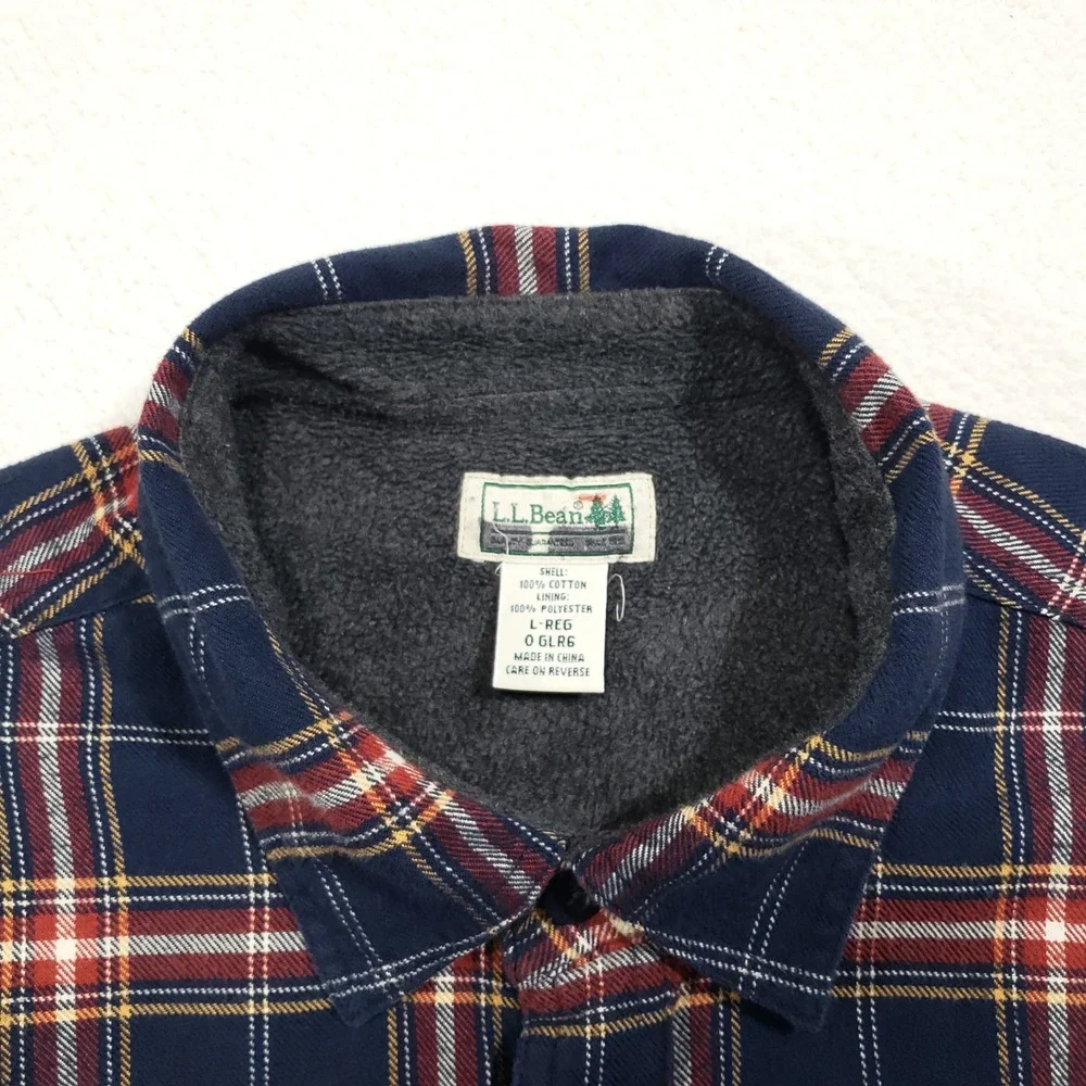L.L. Bean Fleece Lined Flannel Shirt Jacket Mens Large Blue Red Plaid Shacket