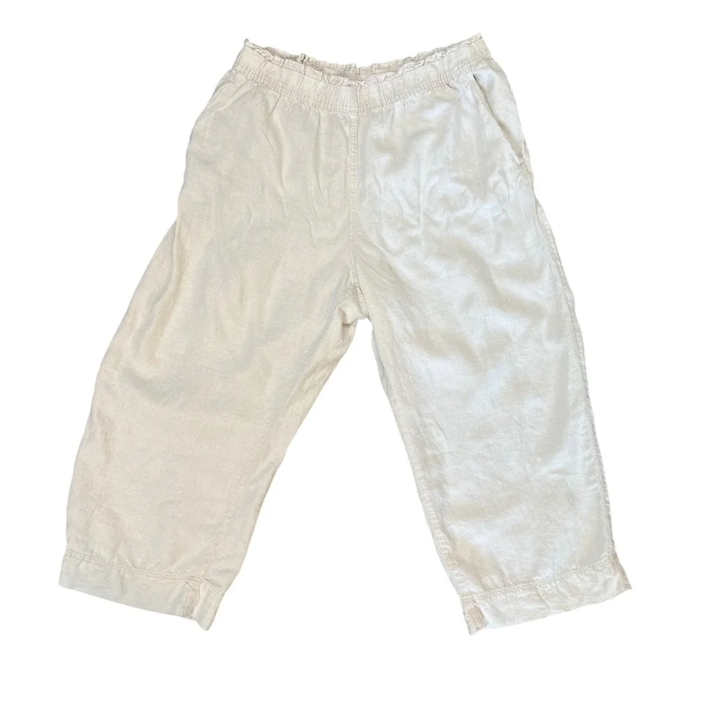 HM Womens XL Beige 100% Linen Wide Leg Cropped Elastic Waist Pants Oatmeal