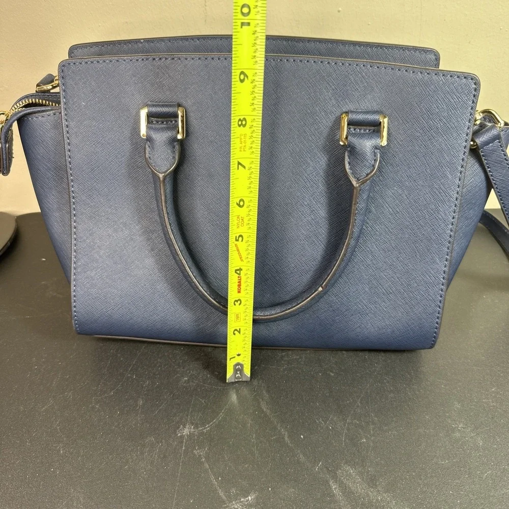 Michael Kors Jet Set Medium Saffiano Leather Satchel Navy Blue Gold Zip Tote