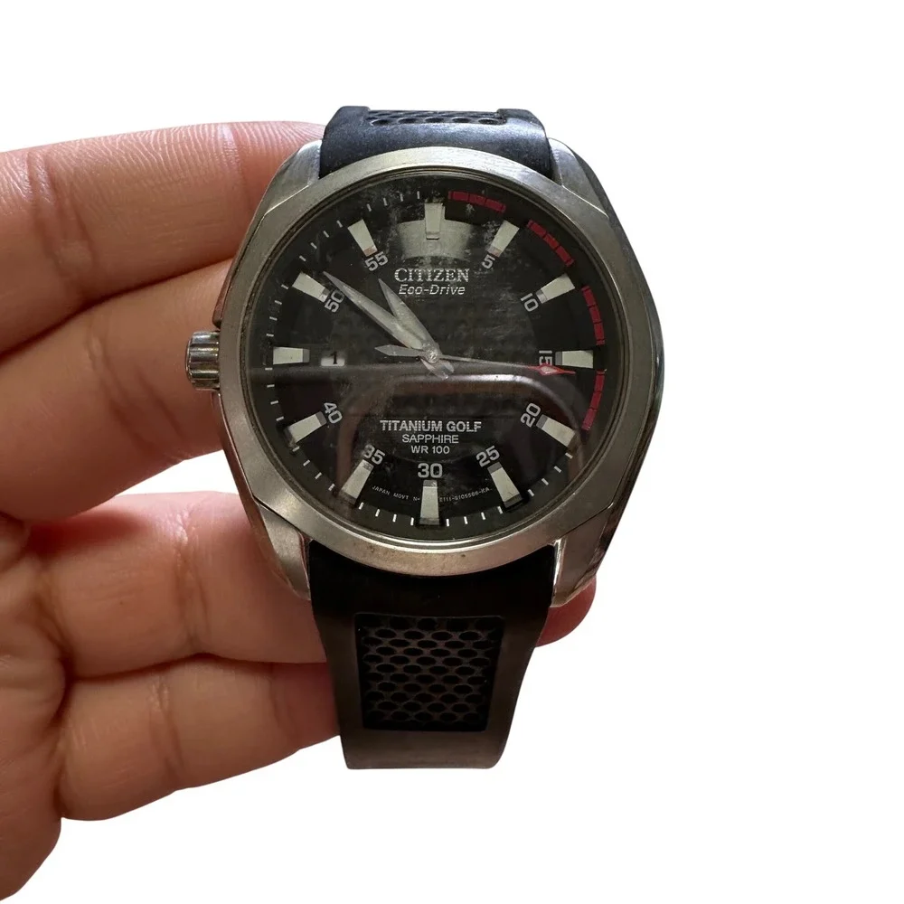 Citizen Eco-Drive Titanium Golf Watch Black Dial Sapphire E111-S070911 Silver