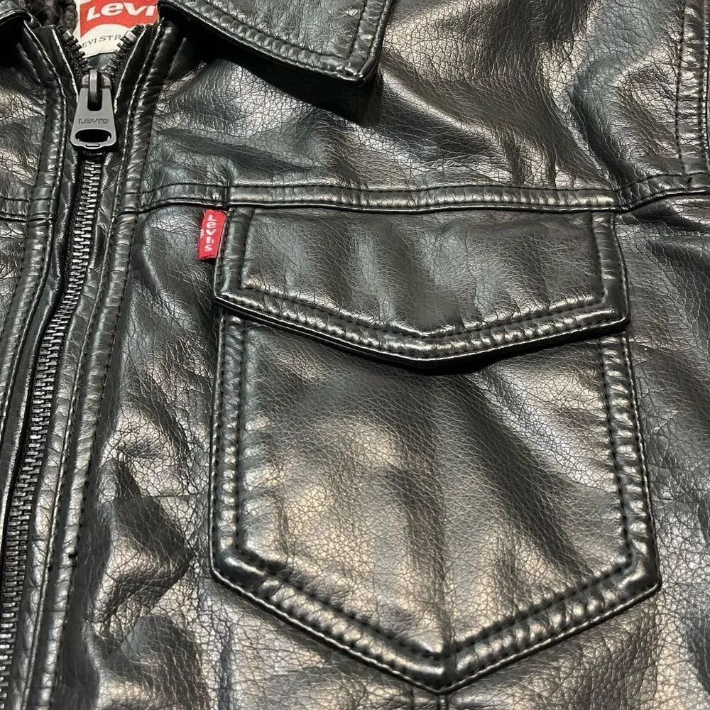Levi's Black Leather Hoodie Sweatshirt Jacket Size M