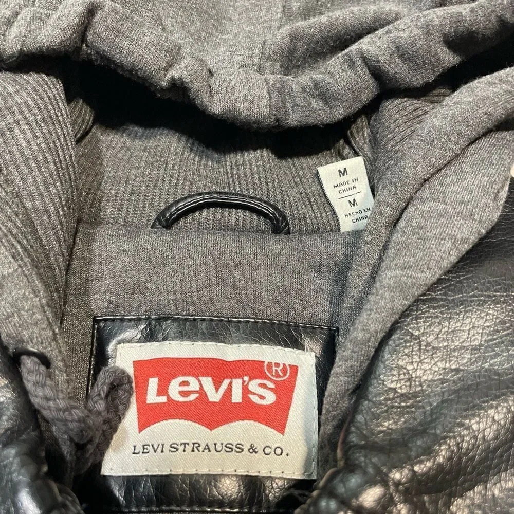 Levi's Black Leather Hoodie Sweatshirt Jacket Size M