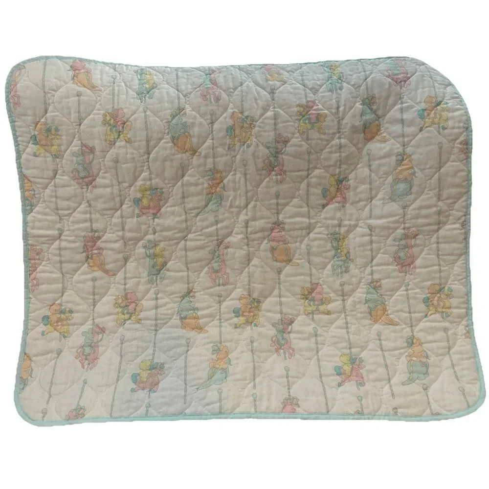 Vintage 80s Morgan Inc Teddy Beddy Bear Carousel Quilted Baby Blanket‎ Quilt
