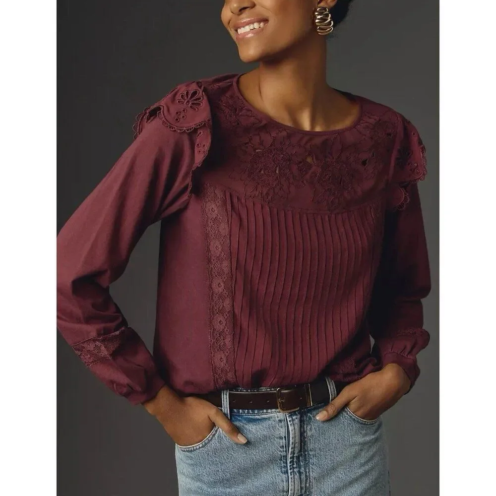 Anthropologie Tiny Top Womens Small Long-Sleeve Crescent Ruffled Lace Blouse NWT