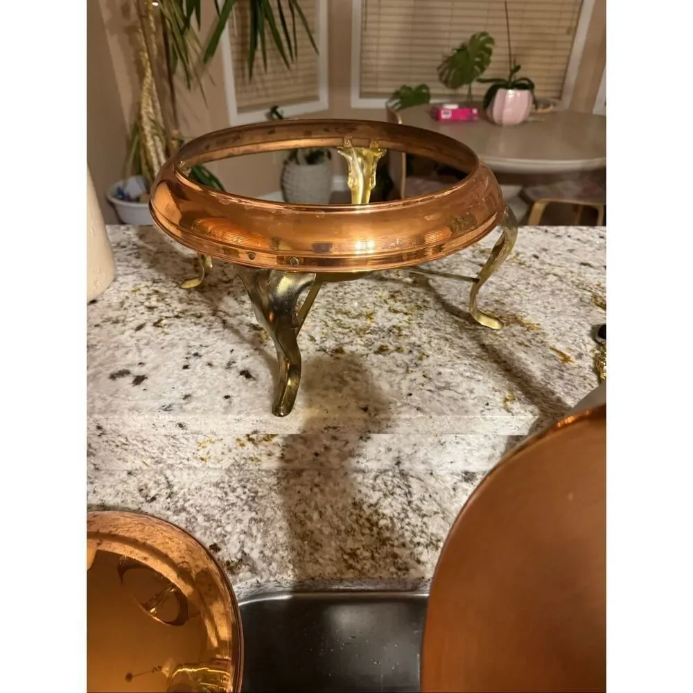 Vintage copper chafing dish 11” food warmer wooden handle