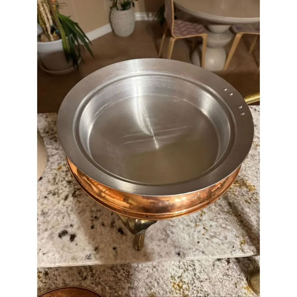 Vintage copper chafing dish 11” food warmer wooden handle
