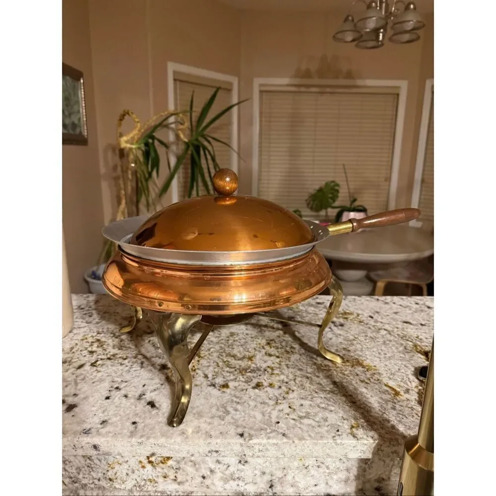 Vintage copper chafing dish 11” food warmer wooden handle