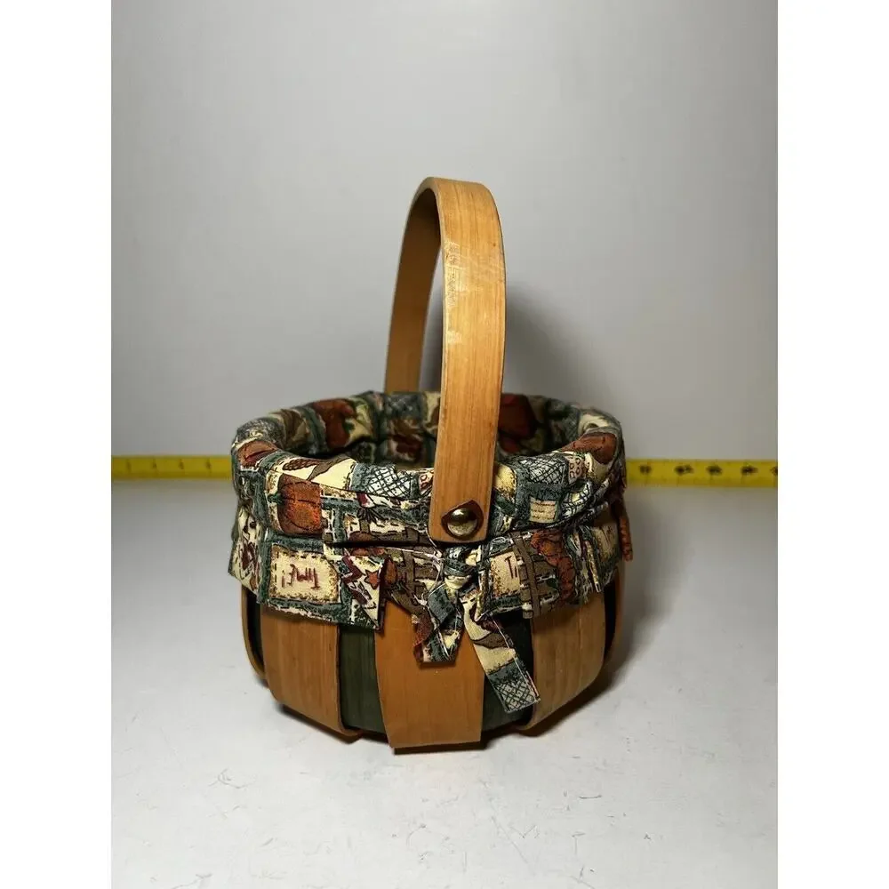 Vintage Wooden Basket Bent Wood Handle Cloth Lined Harvest Nailed Bottom